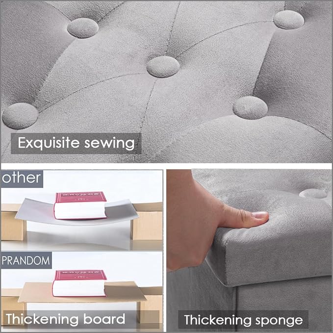PRANDOM Ottoman with Storage [1-Pack] Velvet Folding Small Square Foot Stool with Lid for Living Room Bedroom Coffee Table Dorm Light Grey 17x13x13 inches