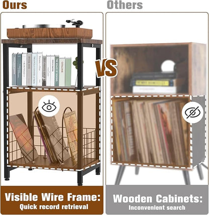 Record Player Stand, 3 Tier Side End Table with Vinyl Record Storage Basket, Turntable up to 100 Albums Record Shelf Display Holder Cabinet for Living Room, Bedroom, Office, Black