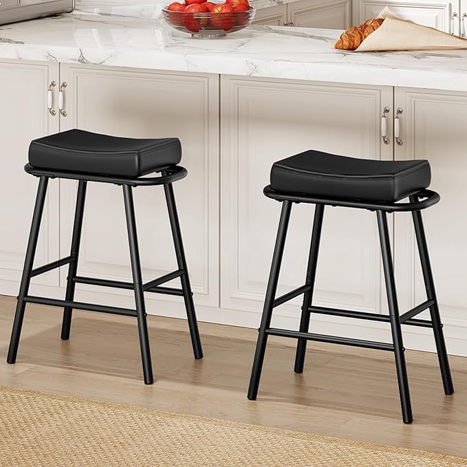 HOOBRO Bar Stools, Set of 2 Bar Chairs, 24” Barstools for Kitchen Counter, PU Upholstered Barstools, Kitchen Stools with Armrest and Footrests, Backless, for Kitchen, Dining Room, Black BB40MDP201