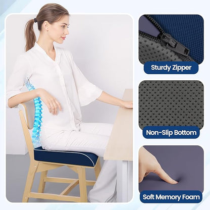 Seat Cushion for Tailbone Pain Relief, Office Chair Cushion, Memory Foam Large Chair Cushion with Non-Slip Cover for Soft Support at Office Chair, Car Seat, Airplane Drak Blue/2X-Large