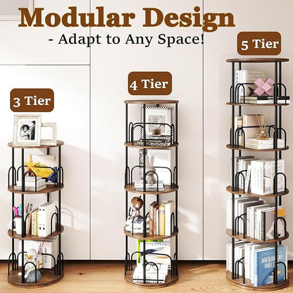 5-Tier Rotating Bookshelf, 360° Round Spinning Book Shelf Tower, Tall Skinny Wood & Metal Bookshelf for Corner/Office/Home, Modern Industrial Vintage Style