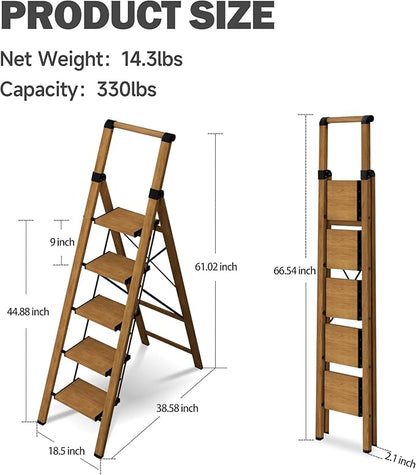 5 Step Step Ladder,Lightweight Folding Step Stool with Anti-Slip Aluminum Wide Pedal&Convenient Handgrip,Steel Ladder for Household and Office(Woodgrain)