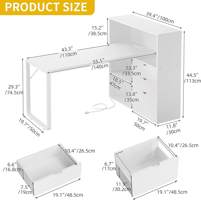 DWVO L Shaped Desk with Drawers, 55" Corner Computer Desk with Bookshelf & Power Outlets & LED Lights, Home Office Desk with Storage Shelves, White