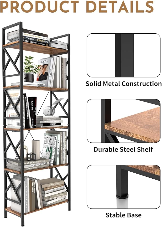 72"H 5-Tier Bookshelf: MDF Wood & Steel Shelves with 500lbs,Tall Narrow Adjustable-Shelf Bookcase.Bookshelves Storage Organizer, Industrial Display Standing Shelf Unit for Living Room/bedroom/Office