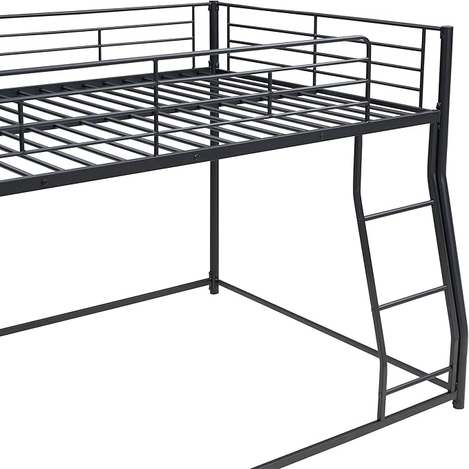 Full XL Over Queen Metal Floor Bunk Bed with Sloping Stairs and Safety Guardrails for Bedroom,Guest Rooms, No Box Spring Needed, Simple to Assemble,Black