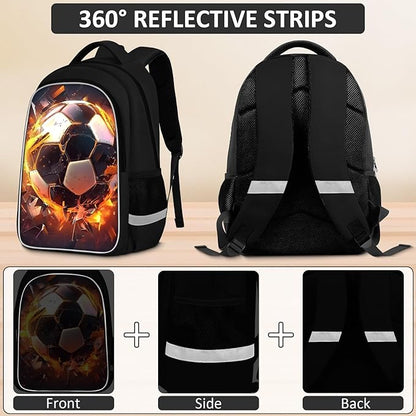 School Backpack for Boys - 4pcs Soccer Boys Backpack with Lunch Box and Pencil Case for Kids Children Teens Elementary Middle School - Students Bag for Ages 6-18,17″Bookbag Travel Back Pack