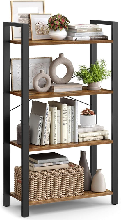 VASAGLE 4-Tier Bookshelf, Bookcase with Steel Frame, Book Shelf for Living Room, Home Office, Study, 11.8 x 26 x 47 Inches, Industrial Style, Rustic Brown and Ink Black ULLS60BX