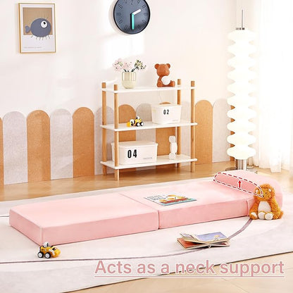 Tiita Folding Sofa Bed for Kids, Toddler Fold Out Couch with Removable Cover, Futon Sleeper Chair for Living Room, Guest Room, Pink