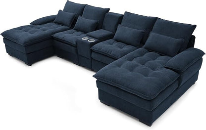 130" U-Shaped Sectional Sofa with Storage Console & Cup Holders, Upholstered 6 Seat Living Room Sleeper Couch Furniture Set w/Chaise, Cloud Cushion Couch for Home, Office, Apartment,Blue