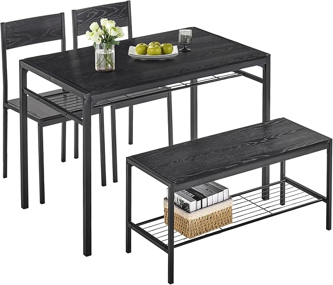 VECELO Kitchen Dining Room Table with 2 Chairs & Bench, Compact Space-Saving Design, Easy Assembly Steel Frame, Perfect for Small Apartments & Breakfast Nooks，Industrial