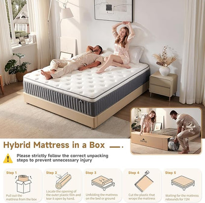 Queen Mattress 14 Inch, Hybrid Memory Foam Mattress with Zoned Pocket Springs Support and Motion Isolation, Medium Firm Feel Pressure Relief for Bed 80" x 60"
