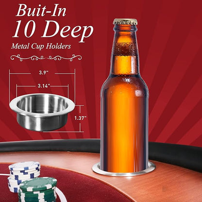 10 Players Oval Poker Table with Padded Rails, Folding Casino-Style Texas Wood Grain Game Poker Tables with Cup Holder, Red Felt Surface, Fully Assemble
