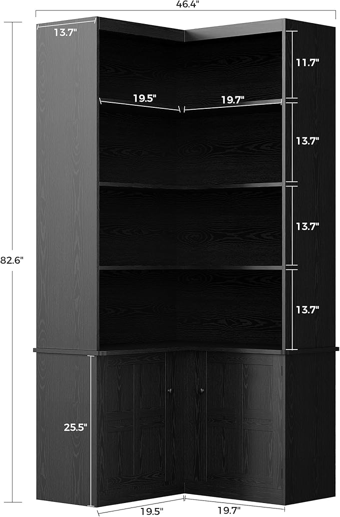 IRONCK Corner Bookshelf with Doors, 6 Tier Bookcase with Storage, Corner Shelf with Cabinet, Large Tall Bookshelf for Living Room, Home Office, Bedroom,Black