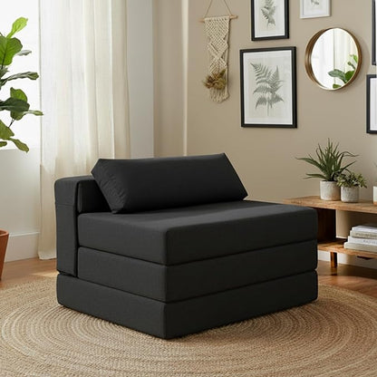 Tiita Folding Sofa Bed Chair, 4-Fold Convertible Sleeper Chair with Lumbar Pillow, Washable Cover & Side Pocket, Floor Couch Bed with Raised Seat, Single Size for Small Spaces, Black