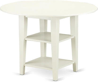 East West Furniture SUDA5-LWH-C 5 Piece Kitchen Table Set for 4 Includes a Round Dining Room Table with Dropleaf & Shelves and 4 Linen Fabric Upholstered Chairs, 42x42 Inch, Linen White