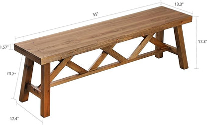 Wnutrees 54" Farmhouse Wood Bench, Rustic Solid Wood Entryway Bench Seat with Double X-Structure for Dining Room, Living Room, Hallway, Structural Stability, Natural