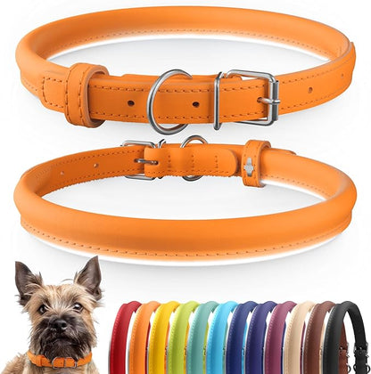 CollarDirect Rolled Leather Dog Collar, Soft Padded Round Puppy Collar, Handmade Genuine Leather Collar Dog Small Large Cat Collars 13 Colors (8-11 Inch, Orange Smooth)
