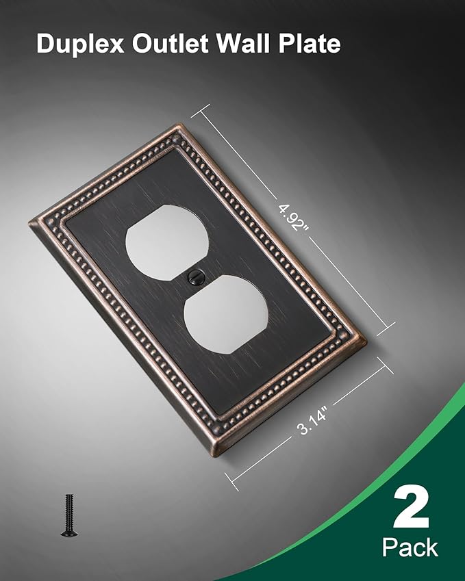 2-Pack Duplex Outlet Cover Plate, Aged Bronze Metal Wall Plates for Electrical Outlets, 1 Gang Receptacle Light Switch Cover, Pearls Decorative Switch Plates and Outlet Covers
