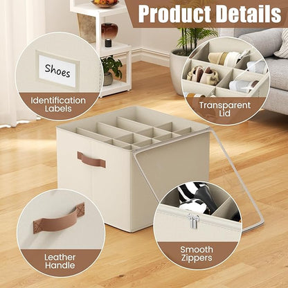 PHINOX Shoe Organizer for Closet, 2 Pack Fabric Shoe Organizer Storage Box, Shoe Storage Containers with Clear Cover, Closet Shoe Storage for Boots Sandals Slippers,Fits 16-32 Pairs, Beige