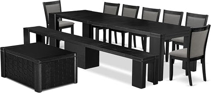X07MZ-BC6-50 - 10-Pc Dining Table Set a Kitchen Table with a coffee Table and a wooden Bench & 7 Dark Gotham Grey Fabric Dining Chair, 39x120 Inch, Wire Brushed Black