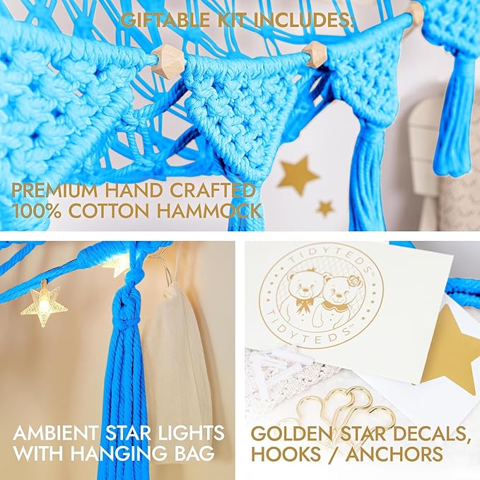 Macrame DreamLights Boho Stuffed Animal Storage Net Hammock Extra Large Plush Toy Storage Holder For Small Or Large Plushies BLUE