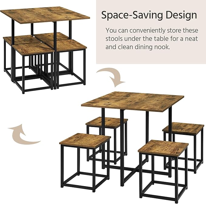 Yaheetech Industrial Dining Table Set for 4 Compact Kitchen Table and 4 Stools Space Saving Home Furniture for Small Space, Rustic Brown
