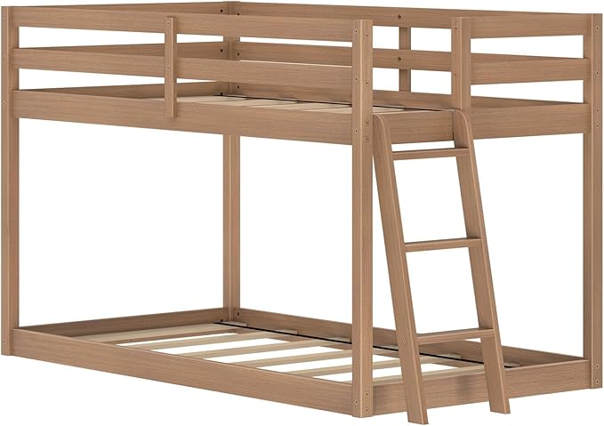 Grain & Grove Bear Twin Over Twin Bunk Bed, Low Bunk Bed Frame for Kids, Bunk with Ladder, Guardrail, and Slats, No Box Spring Required, Oak Embossed Pecan