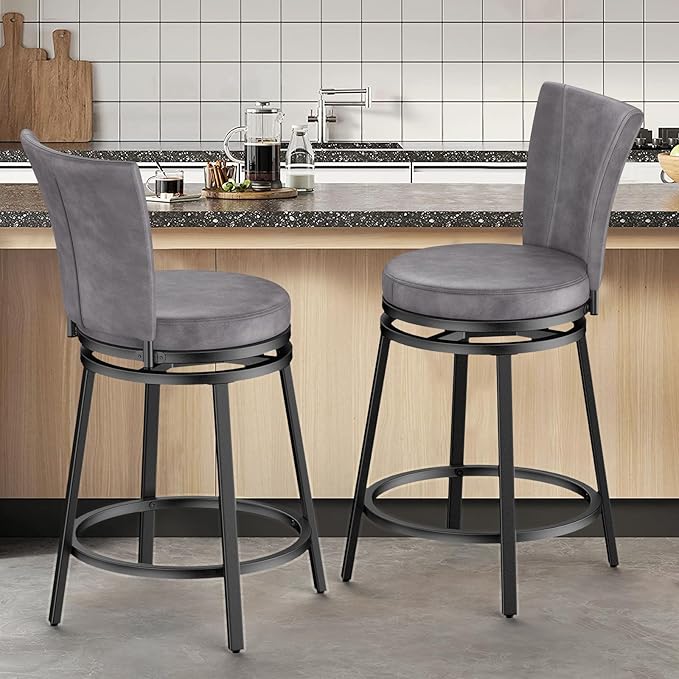 Bar Stools Set of 2, Counter Height Swivel Bar Chair with High Backrest, 24" Round Seat Barstools for Kitchen Island, Pub, Metal Base, Upholstered PU Leather Dining Chairs Grey