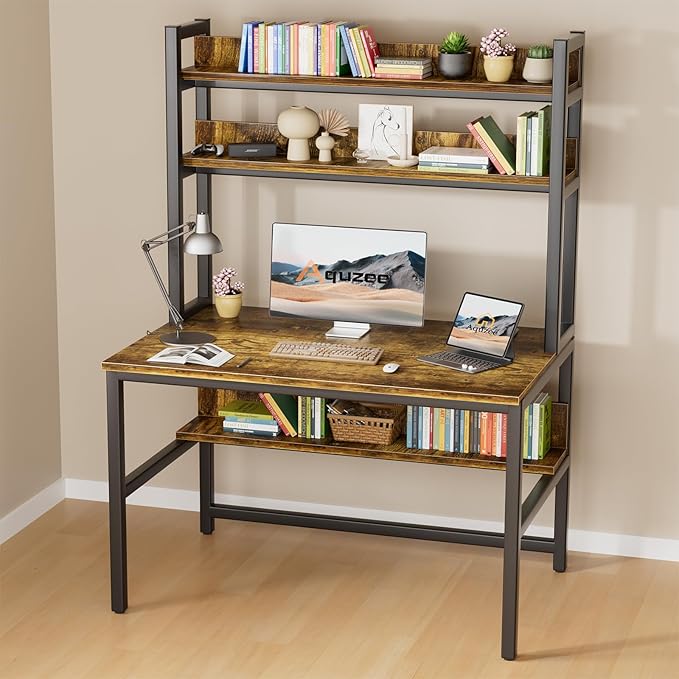Aquzee Computer Desk with Hutch Bookshelves, 55 Inch Home Office Writing Desk with Space Saving Design, Gaming Table Organized Desk with Storage Shelves Bookshelf Easy Assemble, Rustic Brown