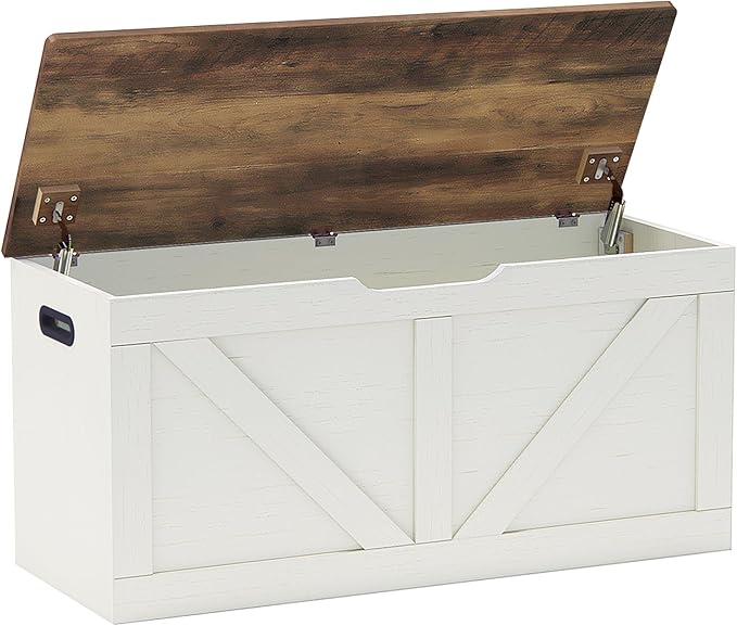 39.4" Storage Chest, Wooden Storage Bench, Large Storage Trunk with 2 Safety Hinges, Entryway Shoes Bench for Living Room, Bedroom, Brown and Rustic White