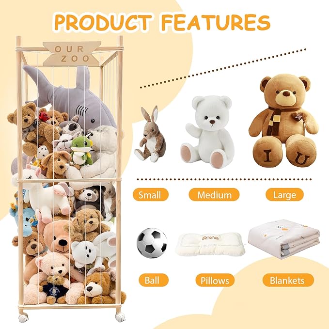Stuffed Animal Storage Zoo with Wheels, Wooden Large Stuff Animals Plushies Holder Toy Organizer Kids Plush Storage Cage with Elastic Band and Net for Nursery Playroom Corner for Toddler