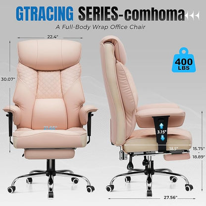 GTRACING Big and Tall Office Chair 400LBS Wide Ergonomic Gaming Chair with Deluxe Embossing Designed Leather with Foot Rest,150°Reclining Adjustable Soft Armrests Pocket Spring Back Support and Pillow