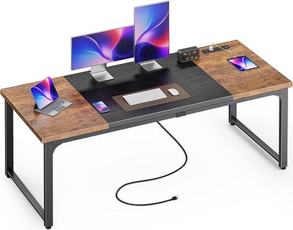 Huuger 63 x 24 inch Desk with Power Outlets & USB-C, Deeper & Thicker Desktop, Robust Metal Tubes, Computer Desk, Heavy Duty Office Desk, Gaming Desk for Home Office, Rutsic Brown and Black