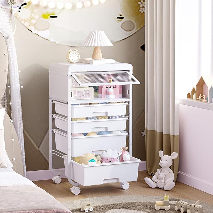 Utility-Rolling-Storage-Drawer-Craft-Cart-Organizers with 4 Drawers & Dust-proof Door for Kid Craft Art Room,Bedroom,Home Office, Craft Drawer cart, Classic White