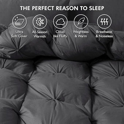Luxurious All-Season Goose Down Feather Fiber Comforter King Size Duvet Insert, Exquisite Pinch Pleat Ruffled Twisted Flower, Premium Baffle Box, 100% Egyptian Cotton Cover, 70 oz. Fill Weight, Gray