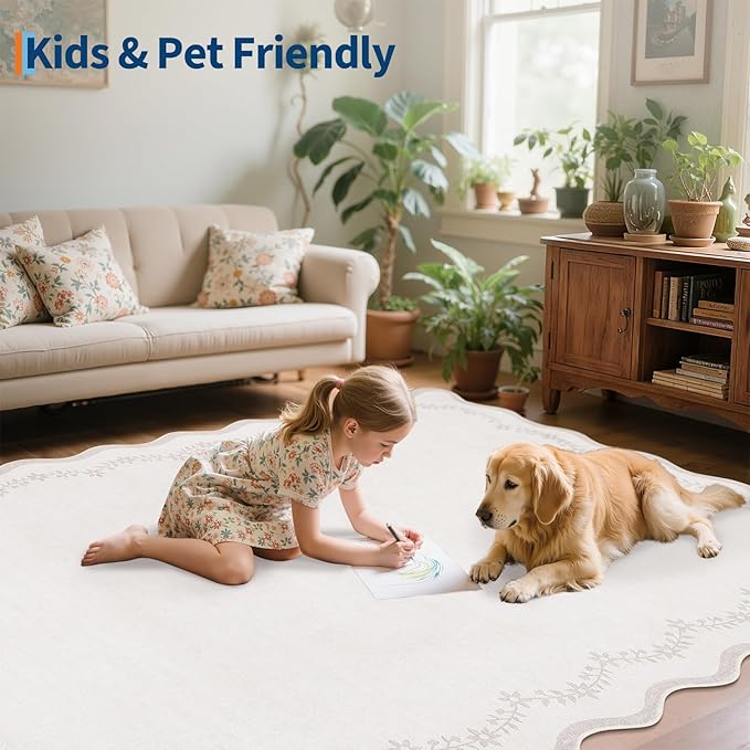 GarveeHome Round Area Rugs 4ft for Kids Room, Solid Beige Scalloped Washable Circle Rug Soft Non Slip Floral Print Floor Mat Carpet Indoor Thin Tent Rug for Bedroom Dining Room Playroom Nursery