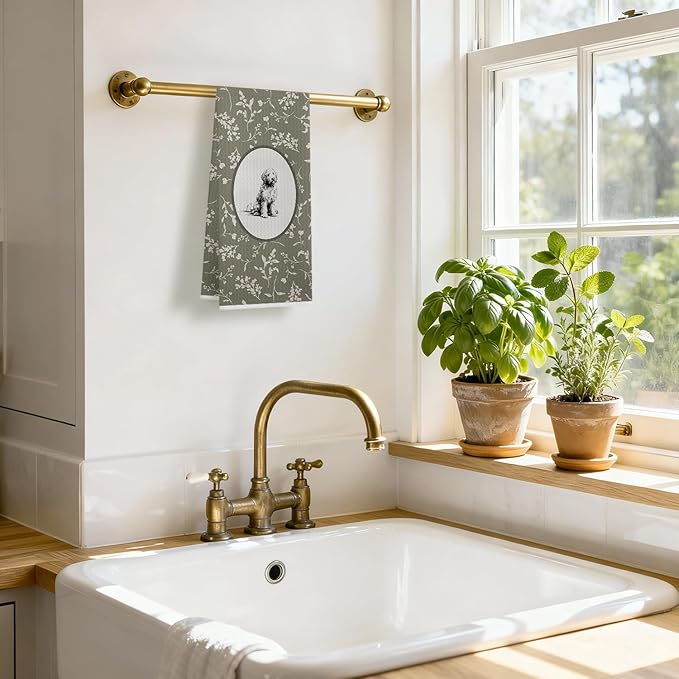 Sage Green Vintage Floral Goldendoodle Kitchen Dish Towels, Golden Doodle Gifts Women, Cottagecore Dog Decorative Hand Tea Towels for Bathroom Kitchen, 16x24 Inches