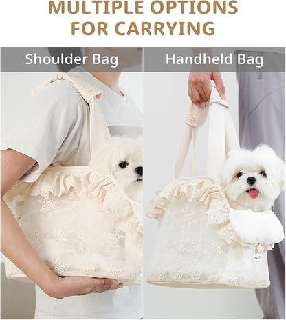 Dog Carrier for Small Dogs Rabbit cat with Lace Design, Cotton Bag, Dog Carrier Soft Sided, Collapsible Travel Puppy Carrier (Beige, 9.4" L x 5.9" W x 9.4" H)