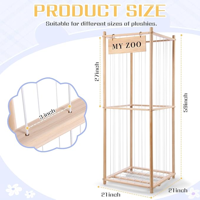Stuffed Animal Storage Zoo, Wooden Stuffed Animal Organizer with Elastic Cords for Boys Girls, Space Saving Toy Plushies Storage Holder for Playroom, Bedroom, Living Room (Burlywood, Large)