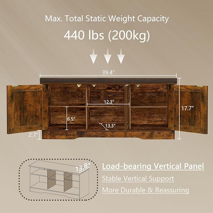 DINZI LVJ Shoe Bench, Entryway Storage Bench with Doors, Cushion, 2-Tier Shoe Rack with 6-Cubby, 39.4”L x 13.8”W Shoe Organizer Cabinet, Adjustable Shelf, Living Room, Bedroom, Rustic Brown