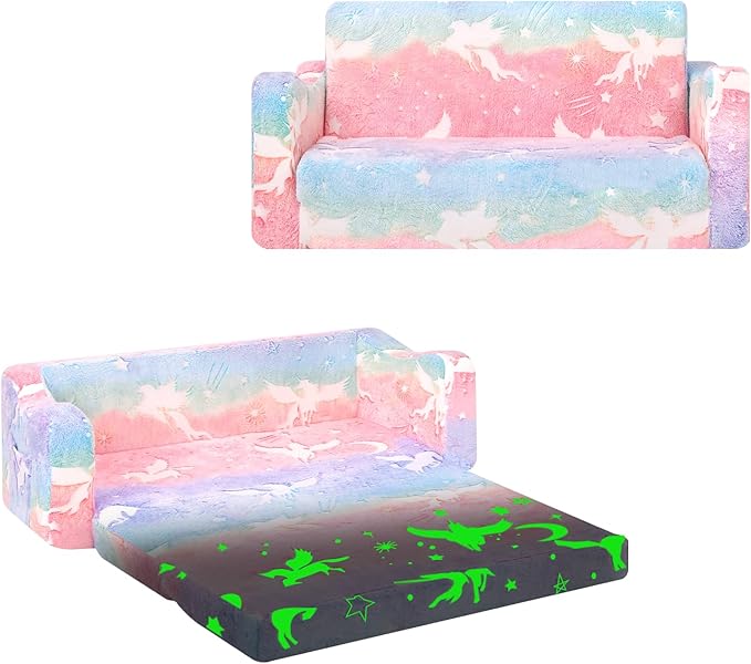 Kids Couch Extra Large,Glow in The Dark 2-in-1 Folding Kids Sofa Bed for Girls,2 Seats Convertible Sleeper Lounger Toddler Couch for Children Bedroom Playroom Nursery,Unicorn