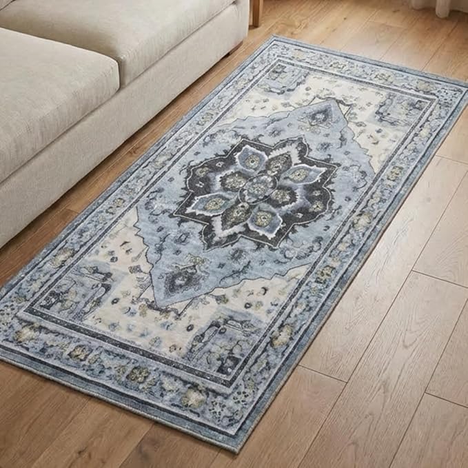 Muddy Mat짰 Azure 2ft x 10ft Washable Area Rugs for Living Room, Bedroom & Dining Room ??Modern Soft Low Pile Non Slip Carpet ??Pet Friendly Waterproof Foldable Rugs for Home