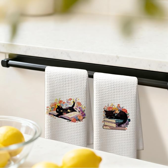 Floral Bookish Black Cat Kitchen Dish Towels, Gifts for Books Lovers Reader, Black Cat Gifts for Women Decorative Hand Tea Towels for Bathroom Kitchen, 16x24 Inches Set of 2