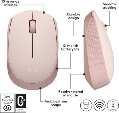 Logitech M170 Wireless Mouse for PC, Mac, Laptop, 2.4 GHz with USB Mini Receiver, Optical Tracking, 12-Months Battery Life, Ambidextrous - Rose