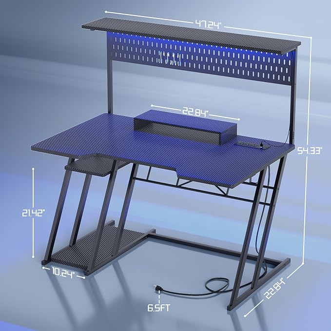 Gaming Computer Desk with Shelves and Outlets, Gaming Desk with Hutch and LED Lights, Reversible PC Gaming Desks with Pegboard, Carbon Fiber Black 47''