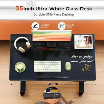 Glass Standing Desk，35inch Whole Piece Rolling Sit Stand Table with Wheels，90° Tiltable Mobile Rising Height Adjustable，Foldable Top Suit for Small Laptop，Black