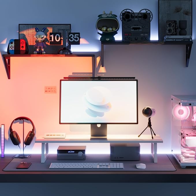 TEAMIX White Dual Monitor Riser - 31.5 inch Wide TV Stand for 2 Monitors - Wood & Steel Desktop Riser for Dual Screen Office Desk Organization