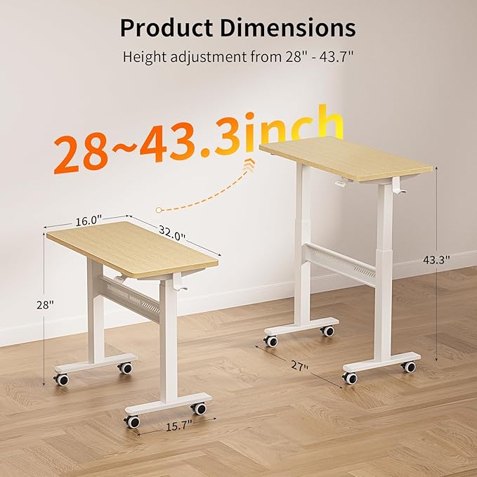Mobile Walking Pad Desk with Wheels, Pneumatic Small Rolling Standing Desk Riser Height Adjustable (28-43.7") for Treadmill, Portable Computer Table for Home Office, Oak