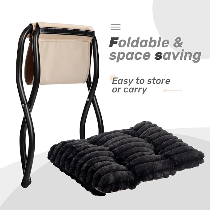 HollyHOME Fabric Lazy Chair with Foldable Ottoman, Accent Comfy Lounge Arm Chair and Folding Footrest Stool Set, Leisure Sofa Reading Chair and Footstool for Living Room, Bedroom, Dorm, Faux-Fur Black