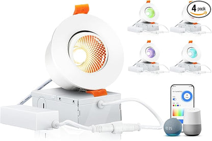 CLOUDY BAY 3inch Eyeball Smart LED Recessed Lights,Color Changing Recessed Lighting,Compatible with Alexa and Google Home Assistant,Pack of 4